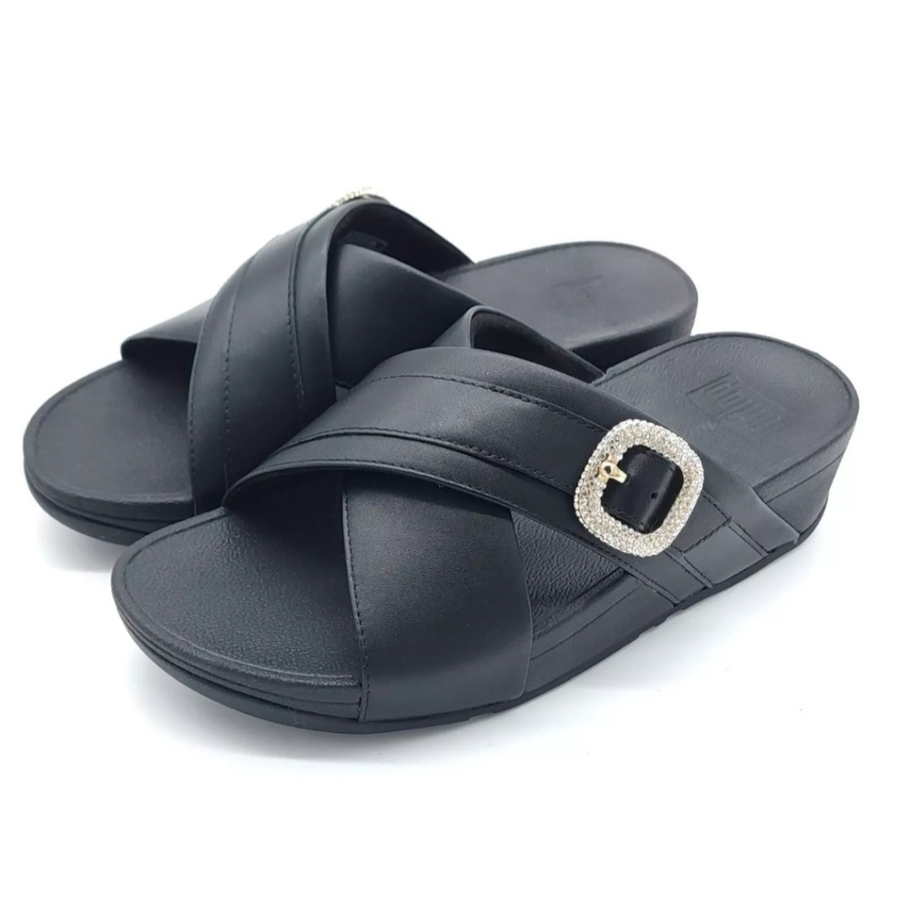 Fitflop Lulu Crystal-Buckle Black Leather Cross Slides Women's Size 38 US 7 - Picture 3 of 7